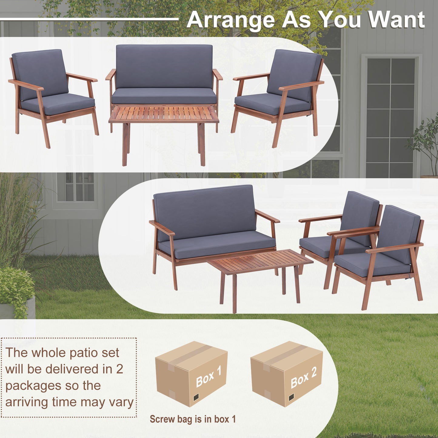 4 Piece Acacia Wood Conversation Set, Gray Cushions Patio Conversation Sets at Gallery Canada