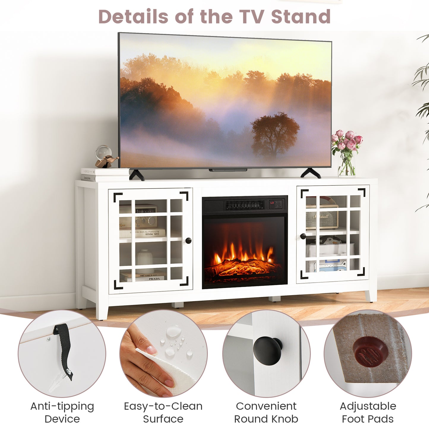 58 Inch Fireplace TV Stand, Adjustable Shelves, For 65 Inch TVs, White Entertainment Centers & TV Stands at Gallery Canada