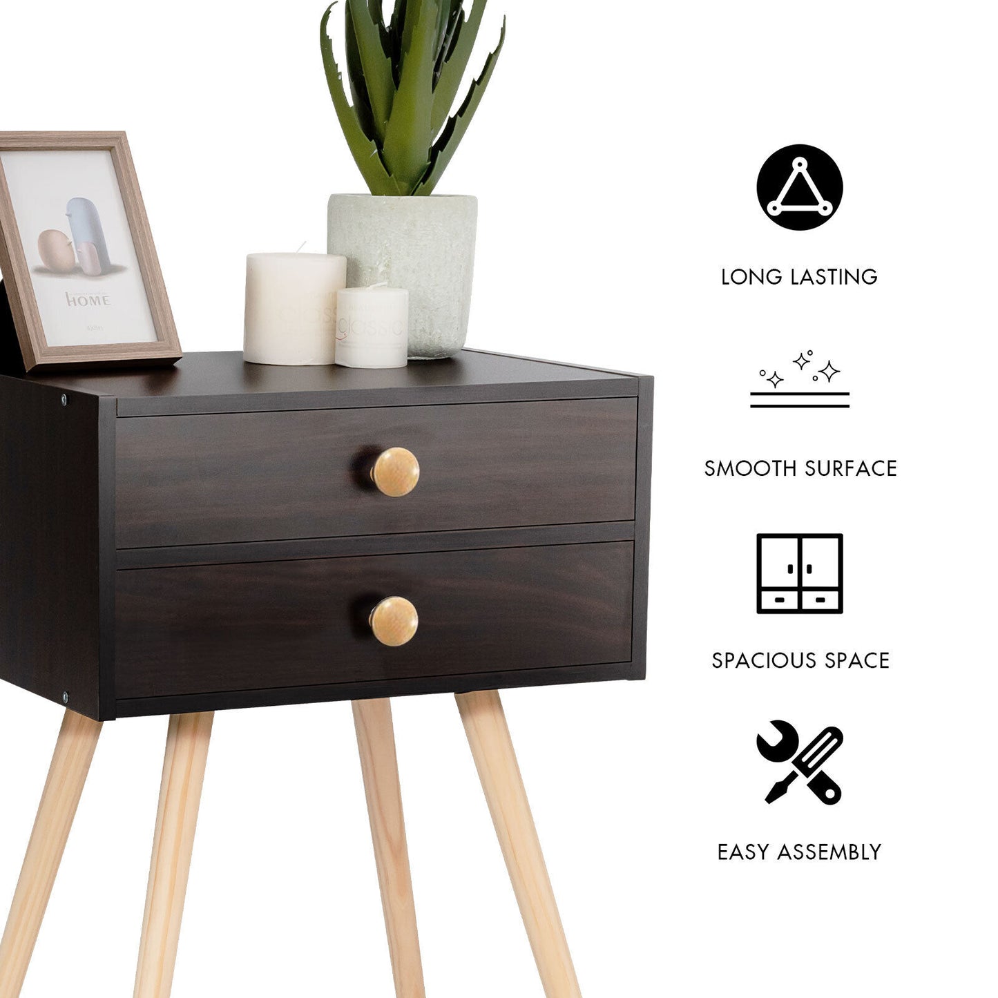 Mid Century Modern Nightstand, 2 Drawers, Natural, Brown Nightstands at Gallery Canada