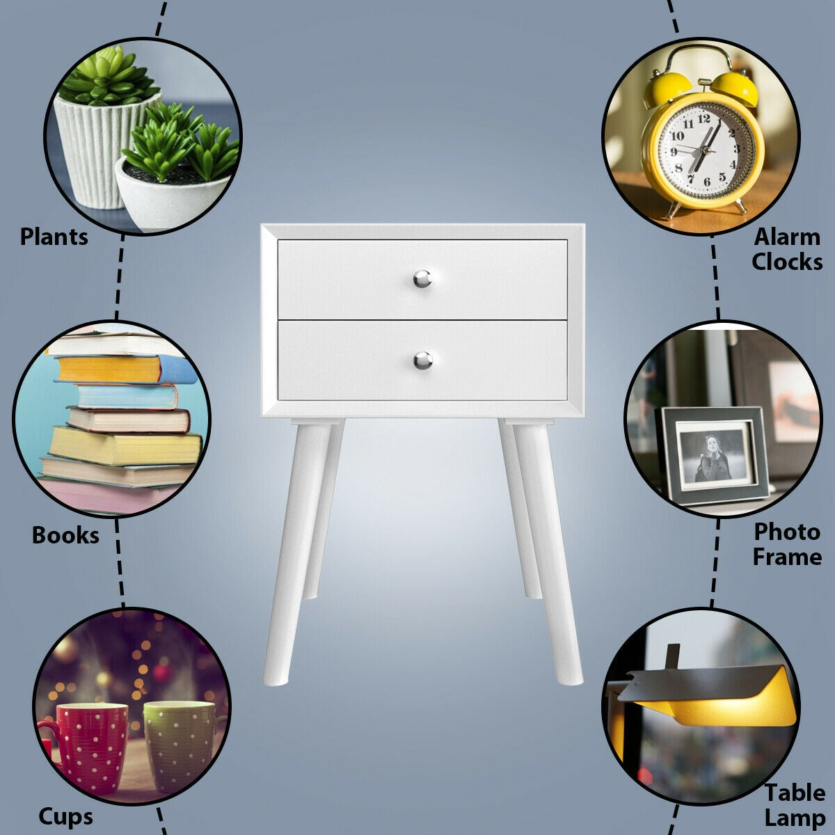 Wooden Nightstand Mid-Century End Side Table with 2 Storage Drawers, White Nightstands at Gallery Canada