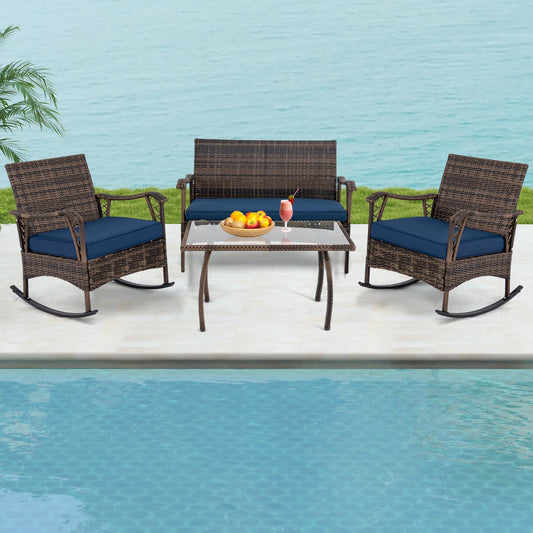 Wicker Rocking Set, 4 Pieces, Bungee Rope Seat, Navy Patio Conversation Sets Navy at Gallery Canada