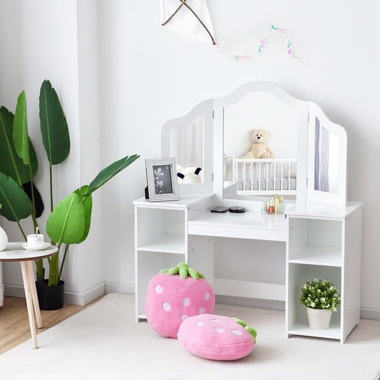 Kids Tri Folding Mirror Makeup Dressing Vanity Table Set, White Kids Vanities White at Gallery Canada