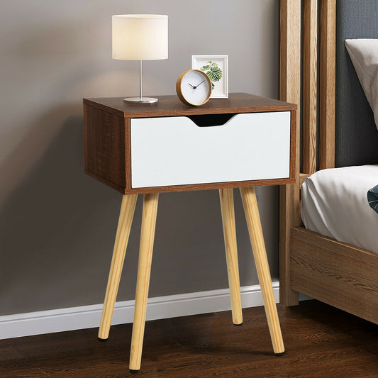 End Side Storage Drawer Nightstand with Solid Wooden Leg, Brown Nightstands Brown at Gallery Canada