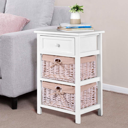 3 Tiers Wooden Storage Nightstand with 2 Baskets and 1 Drawer-white, White Nightstands White at Gallery Canada