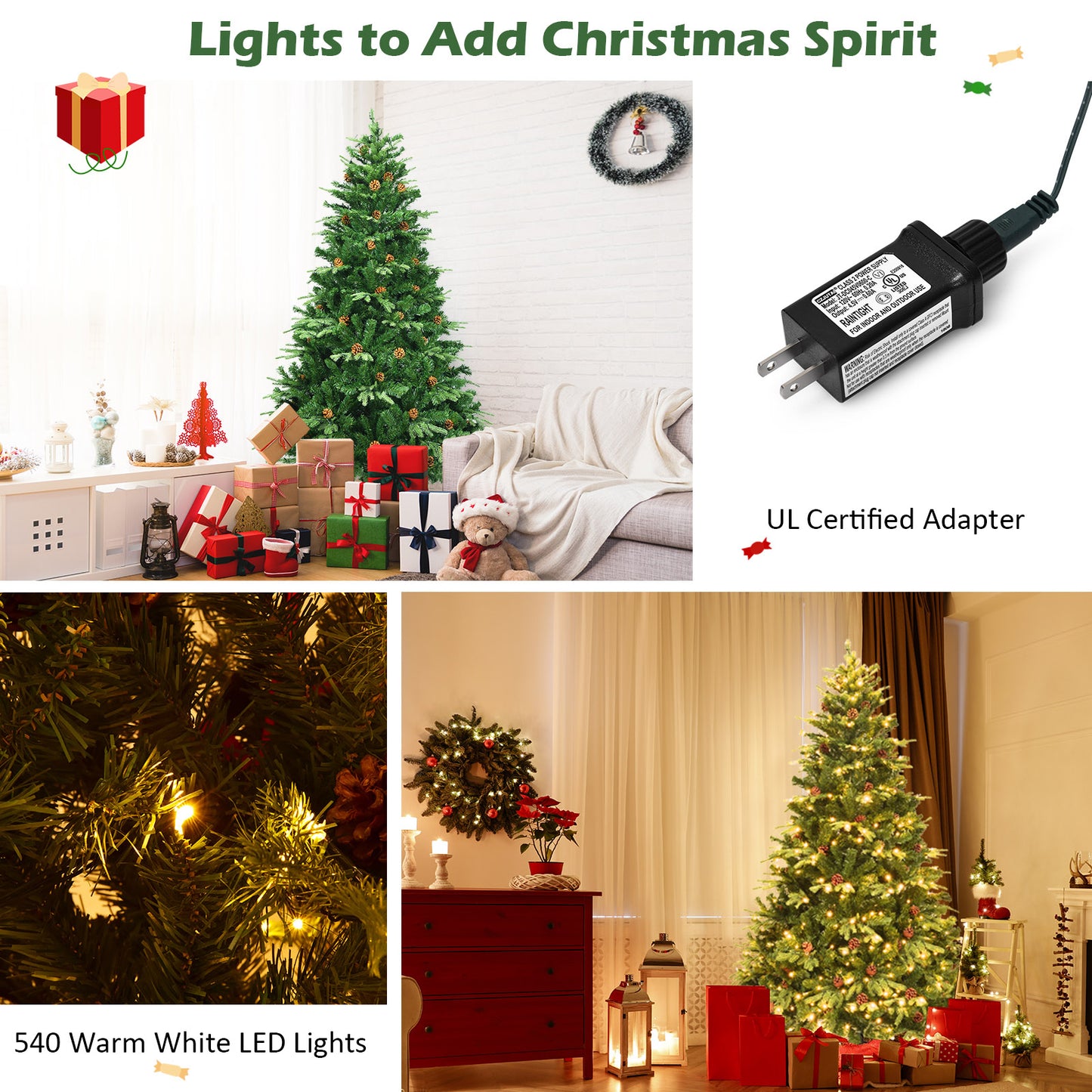 7.5 ft Artificial Christmas Tree, LED Lights, Pine Cones, Green Christmas Tree at Gallery Canada