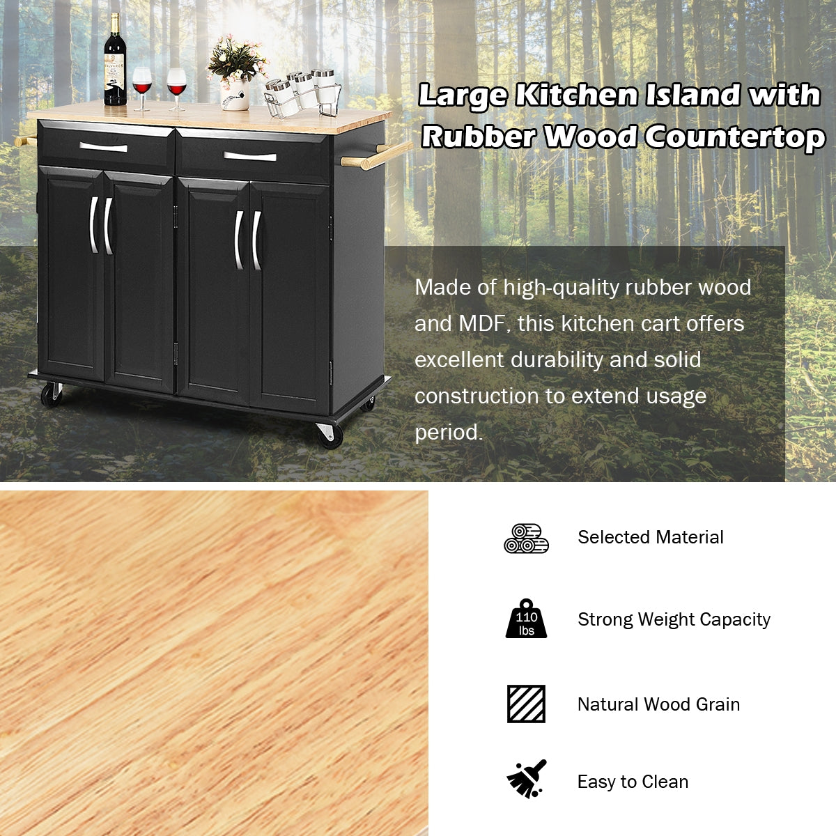 Wood Top Rolling Kitchen Trolley Island Cart, Black Kitchen Islands & Carts at Gallery Canada