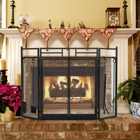 3-Panel Wrought Iron Fireplace Screen, 4 Tools Set, Black Fireplace Tools Black at Gallery Canada