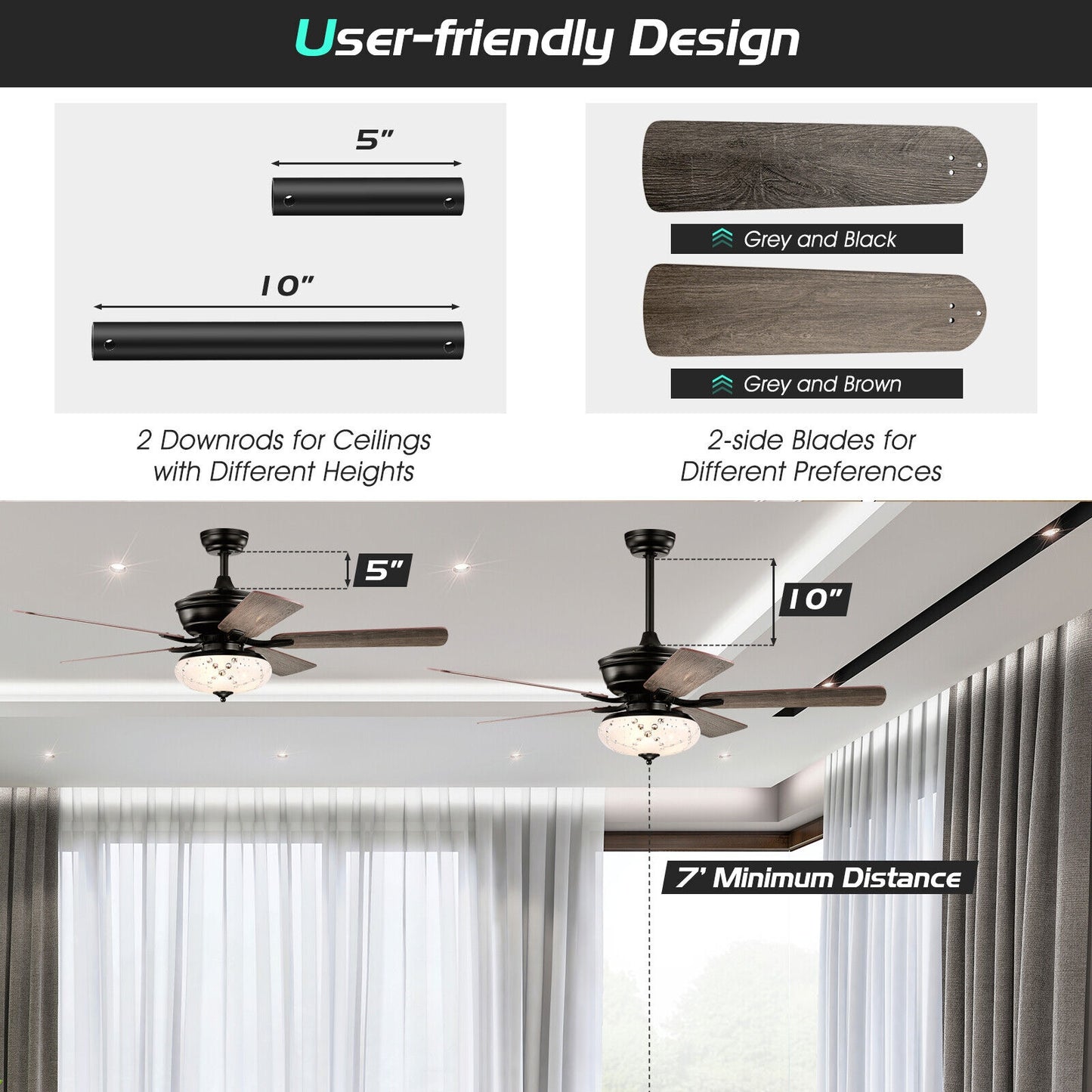 52 Inch Ceiling Fan, 3 Speeds, 5 Reversible Blades, Gray Ceiling Fans at Gallery Canada