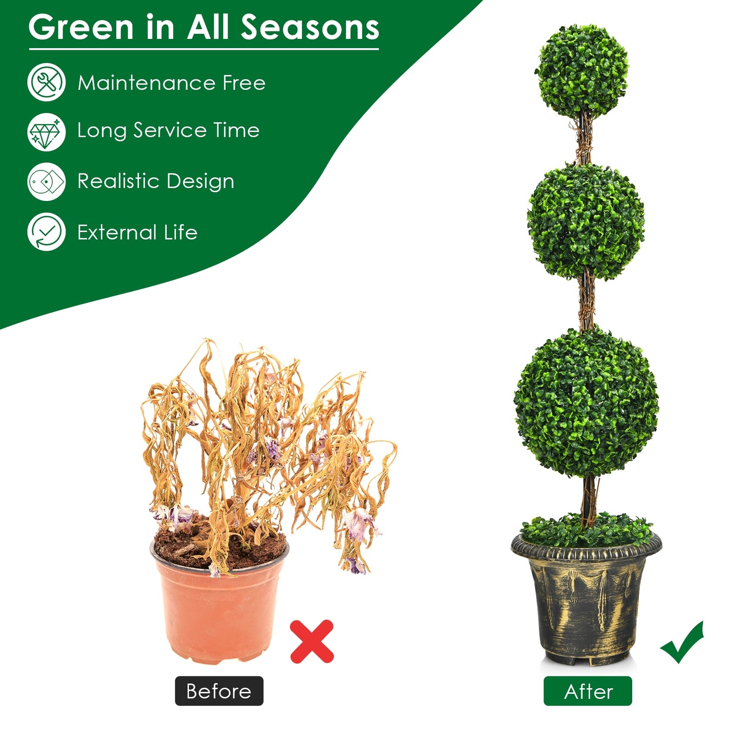 4 Feet Artificial Topiary Triple Ball Tree Plant, Green Faux Plants at Gallery Canada