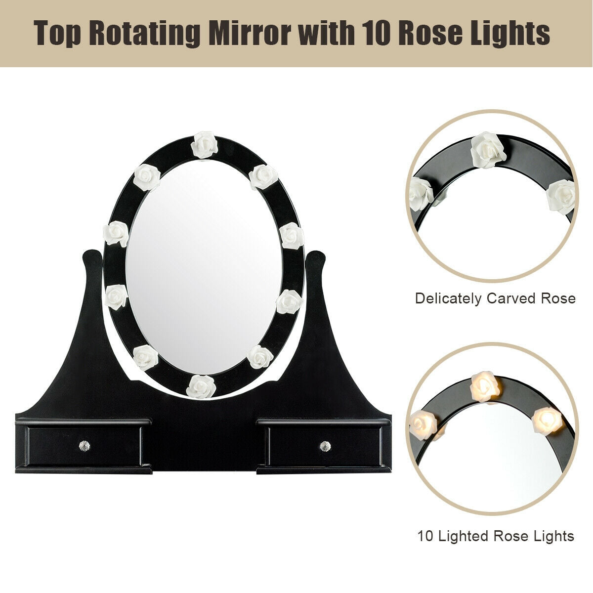 3 Drawer Lighted Mirror Vanity Table With Stool, Black Makeup Vanities at Gallery Canada