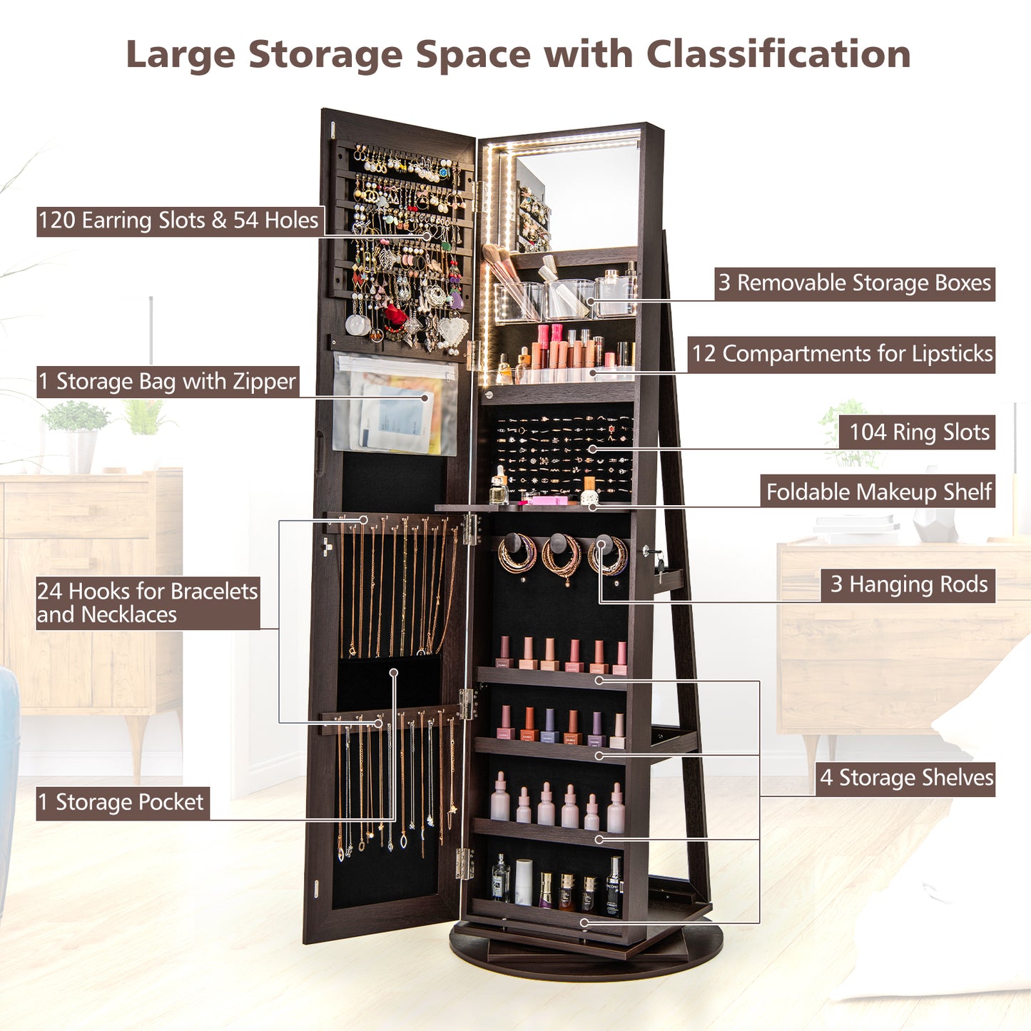 360° Rotating Mirrored Jewelry Cabinet, Espresso