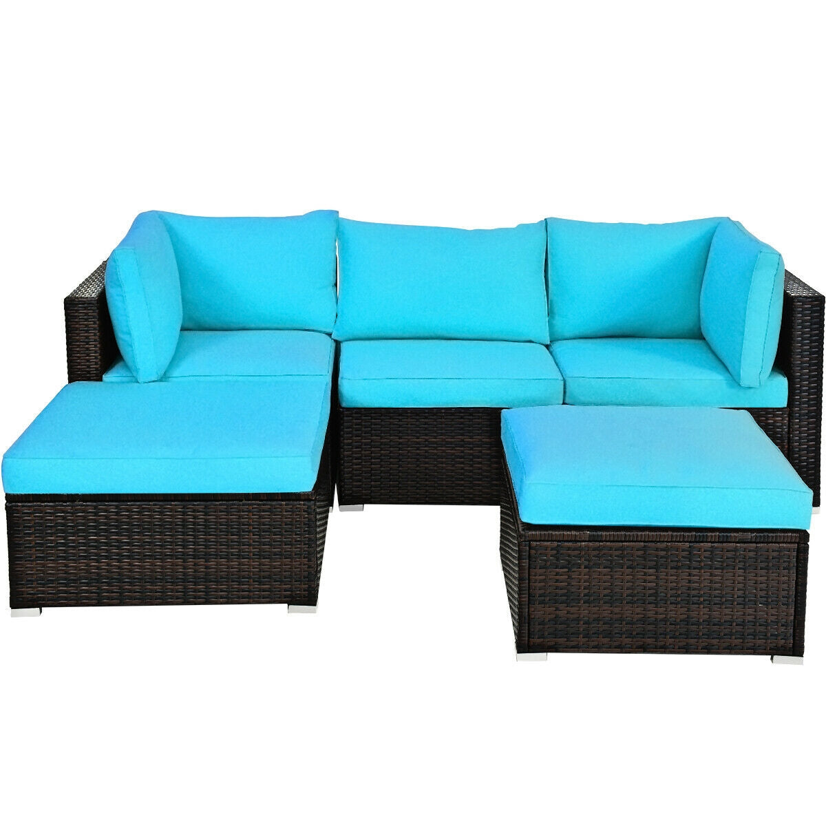 5 Piece Patio Rattan Sectional Ottoman Set, Blue Outdoor Sectionals at Gallery Canada