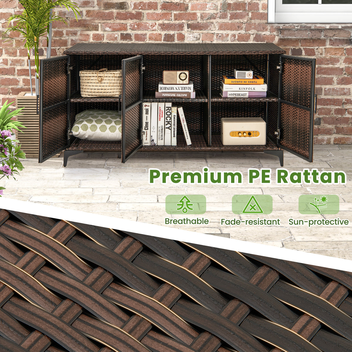 84 Gallon Patio Wicker Deck Box, 3-Door PE Rattan Storage Container, Brown Sheds & Outdoor Storage at Gallery Canada