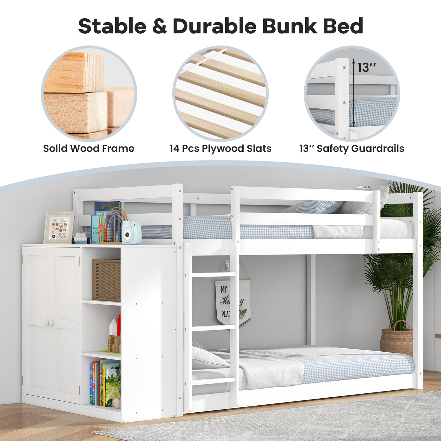 Twin Size Bunk Bed, Convertible Bookcase, Ladder, White Bunk Bed Frame at Gallery Canada