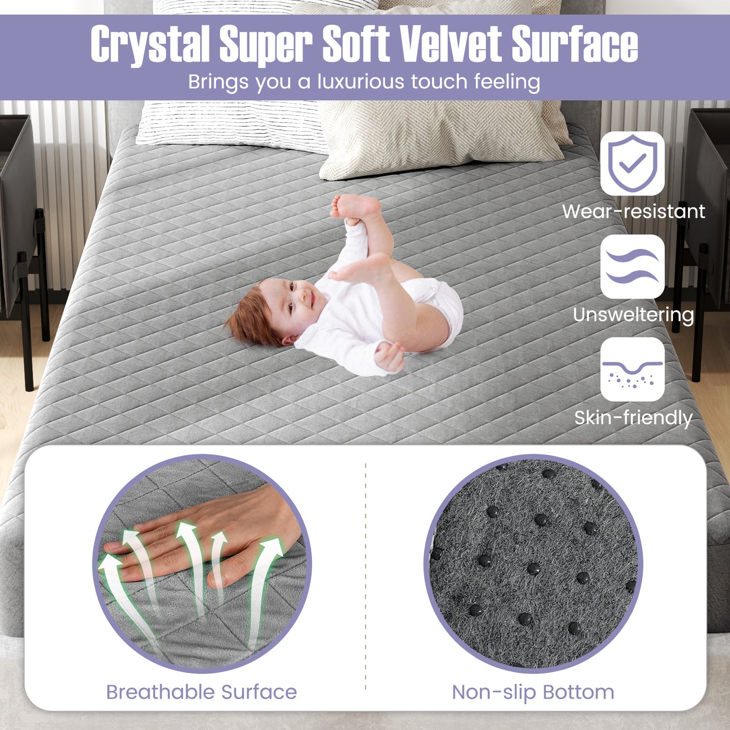 Protège-matelas pour lit simple, surmatelas en velours doux de luxe, gris