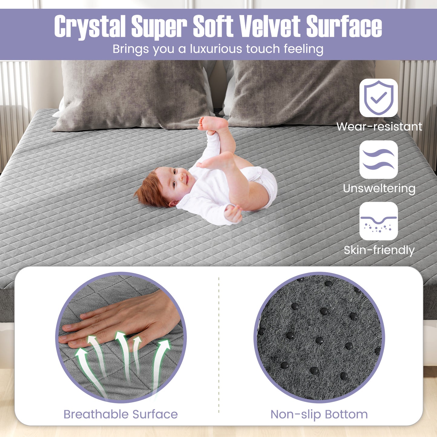 Protège-matelas taille King, surmatelas en velours de luxe, gris