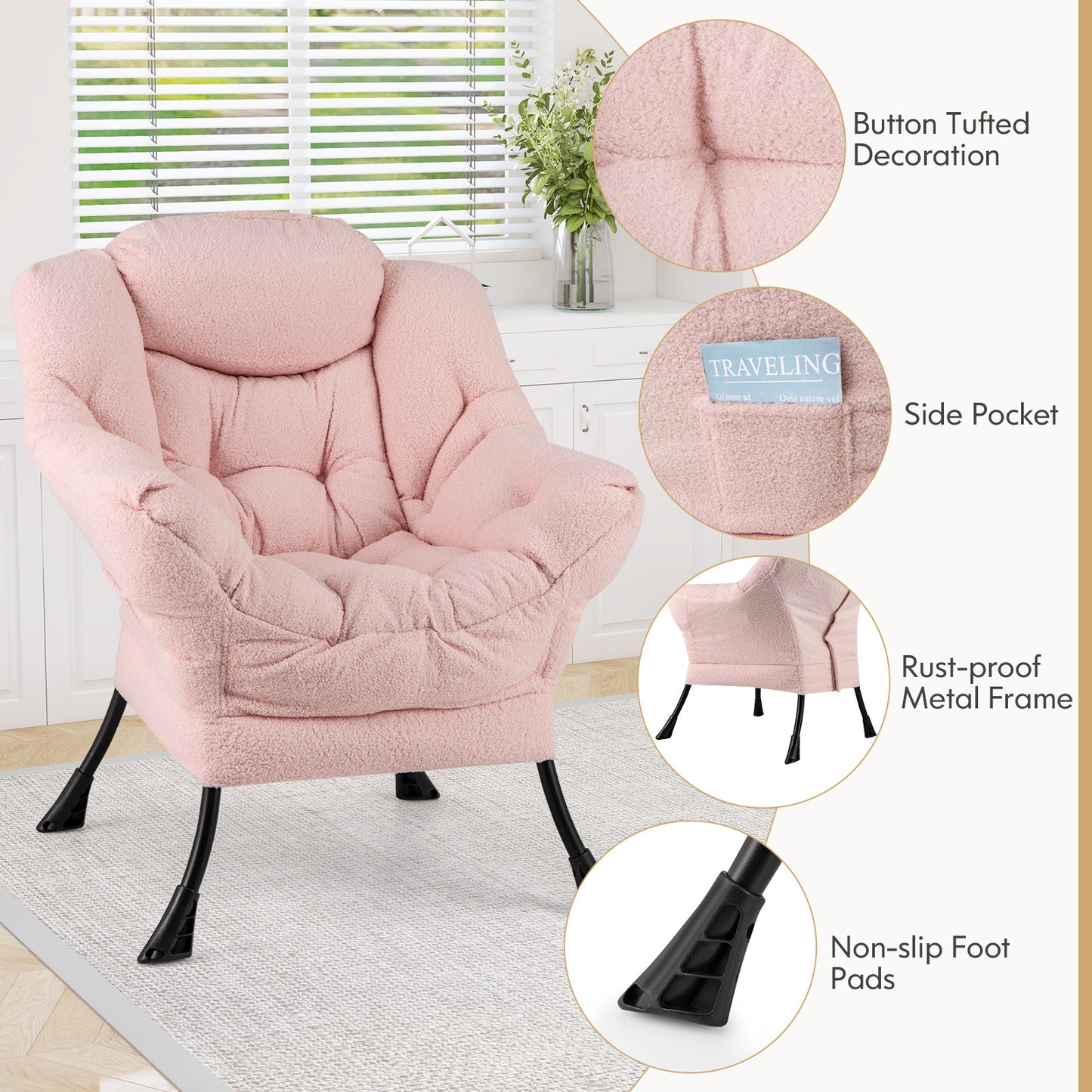 Sherpa Upholstered Accent Chair, Cozy Head Pillow, Pink