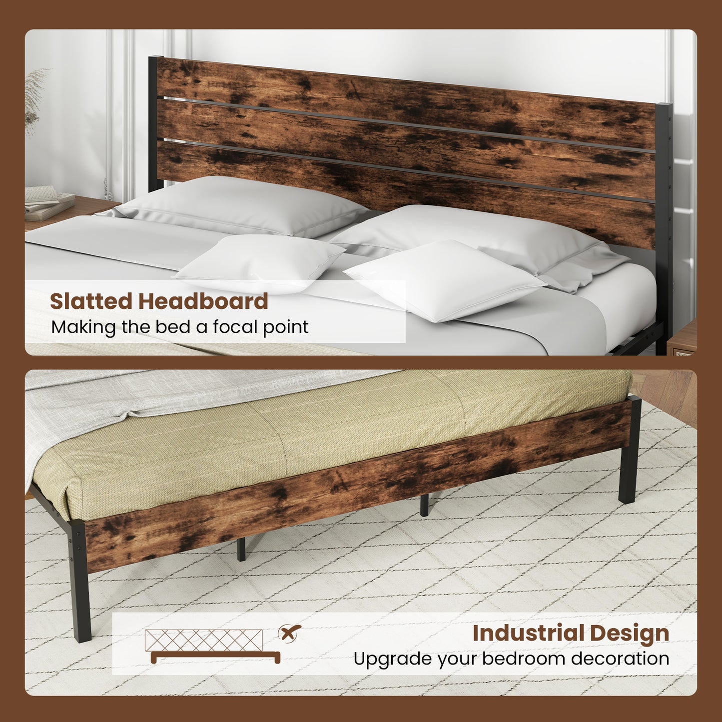 King Size Bed Frame, High Headboard, Mute Bar, Rustic Brown Simple Bed Frame at Gallery Canada