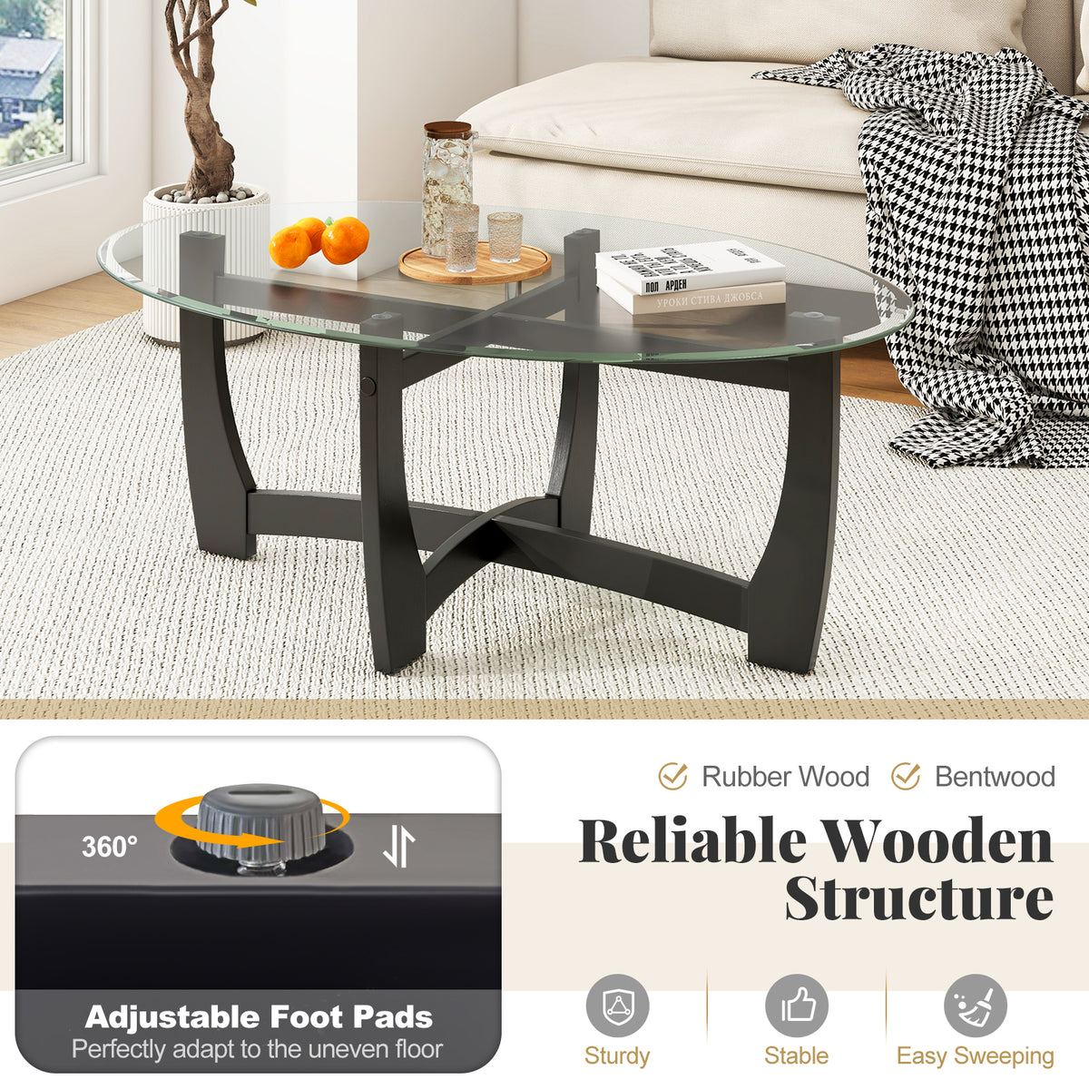 Oval Coffee Table, Tempered Glass Top, Rubber Wood Legs, Black Coffee Tables at Gallery Canada