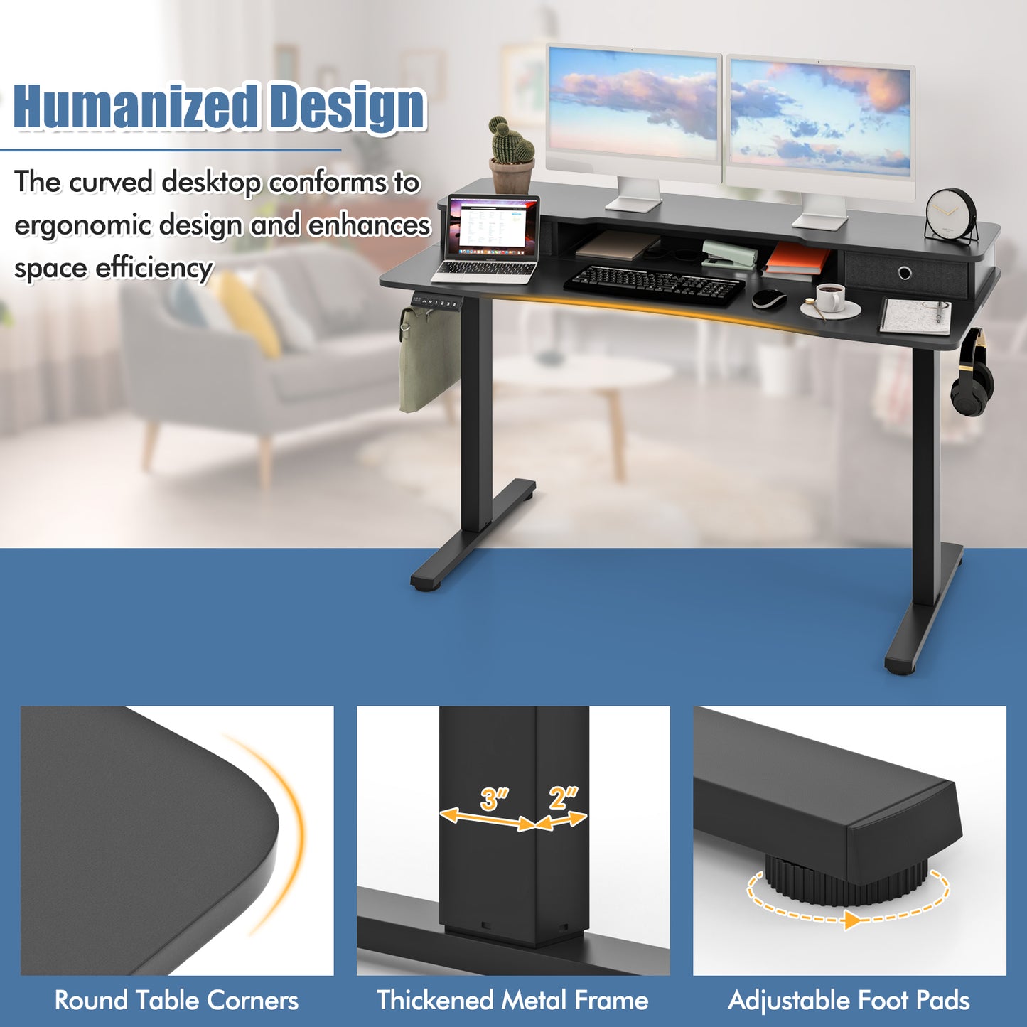 55 Inch x 24 Inch Height Adjustable Electric Standing Desk, 2 Drawers, Black Standing Desks at Gallery Canada