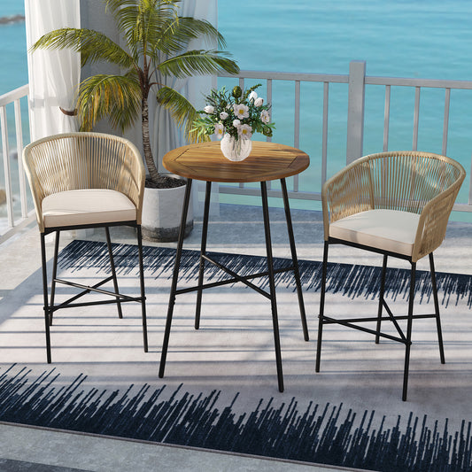 3-Piece Rope Woven Patio Bar Set, Acacia Wood Tabletop, Beige Patio Bar Furniture Beige at Gallery Canada