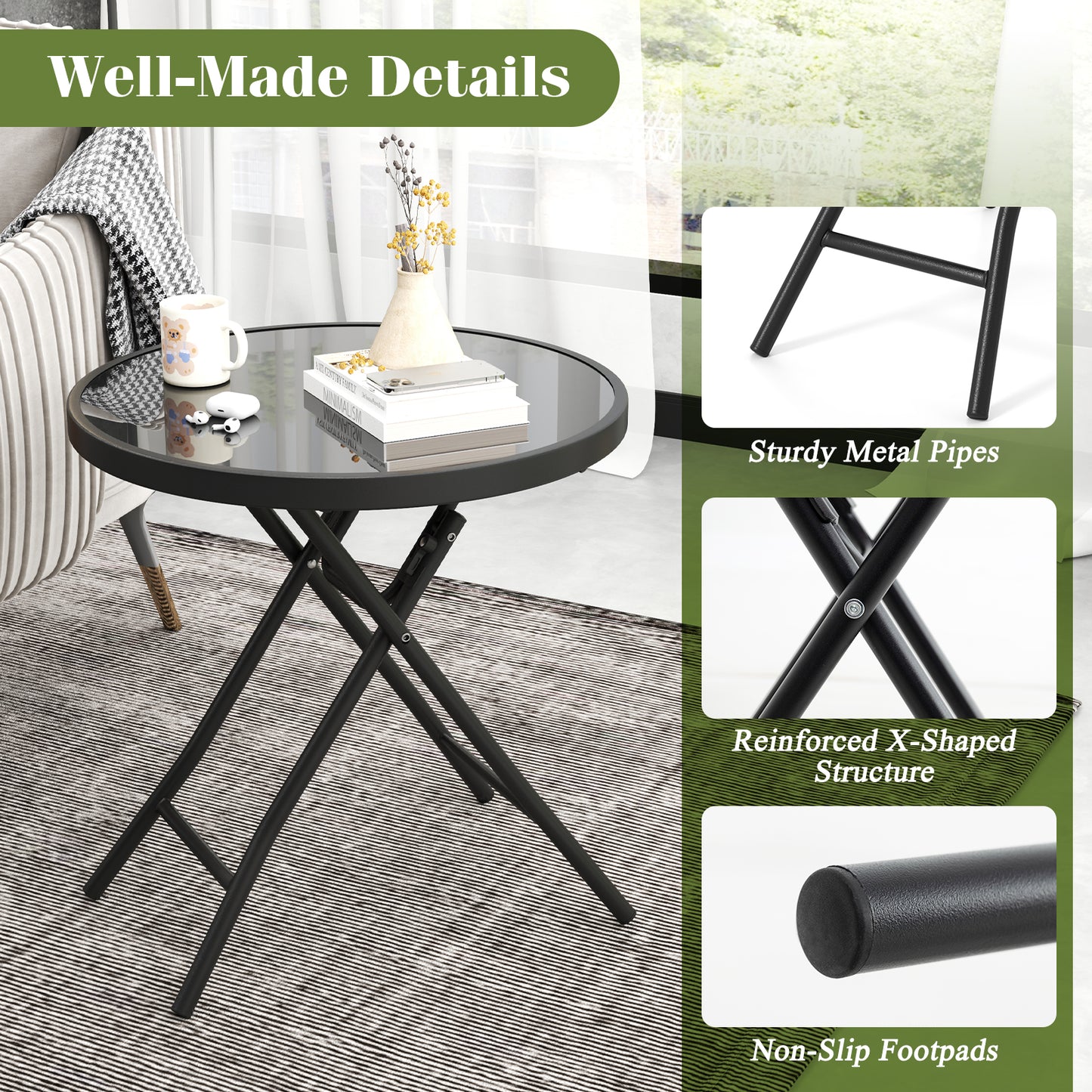 18 Inch Folding Side Table, Patio Round Compact Coffee Table, Black End & Side Tables at Gallery Canada