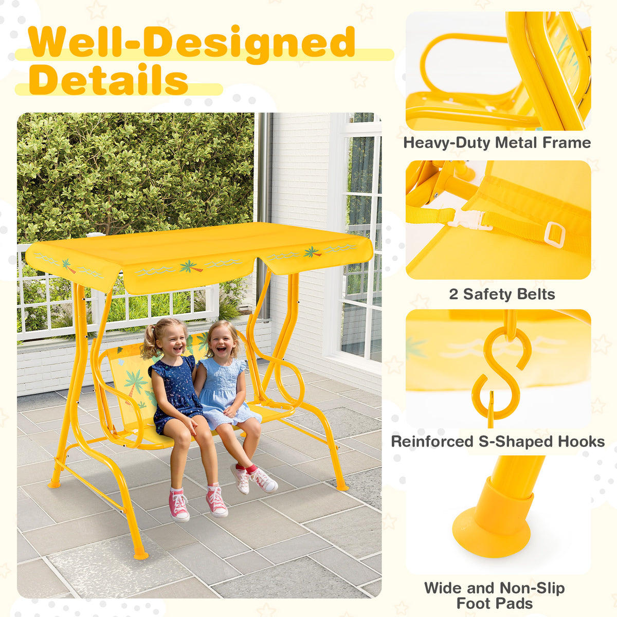 2-Seater Kids Patio Swing, Metal Stand, Adjustable Canopy, Yellow Swing & Playsets at Gallery Canada