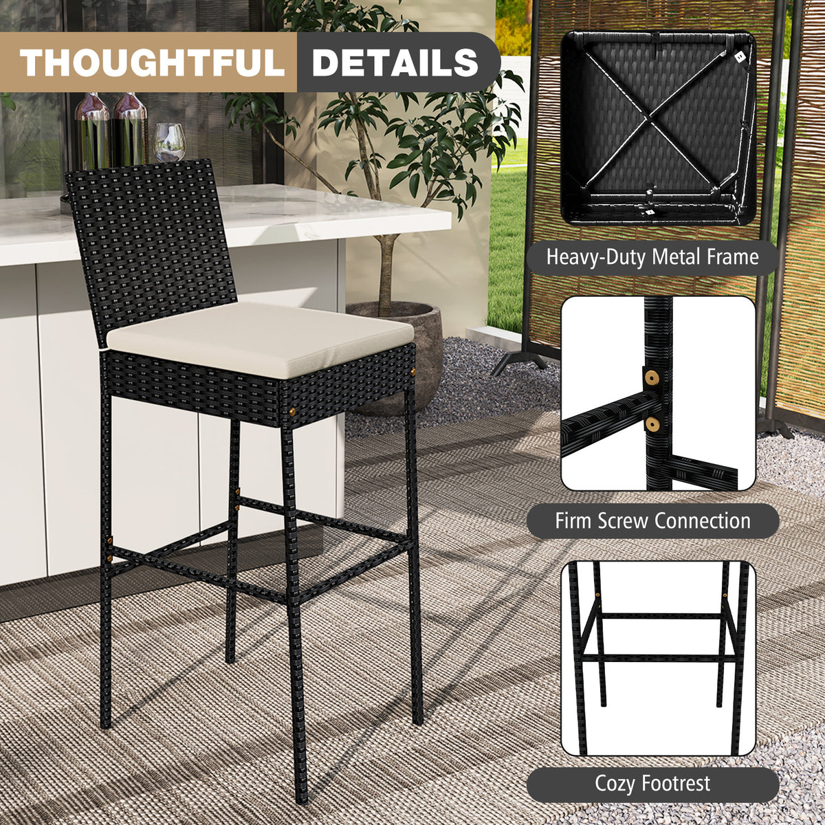 Wicker Barstools With Footrest, Backrest, Set Of 4, Black Patio Bar Furniture at Gallery Canada