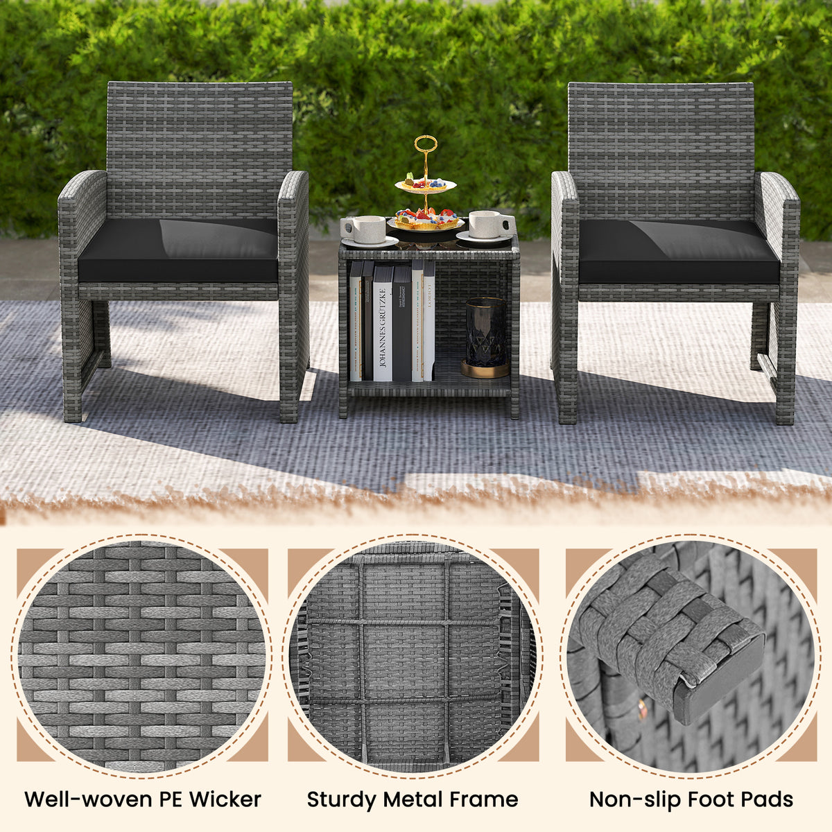 3 Piece Patio Set, Tempered Glass Table, Soft Cushions, Black Patio Conversation Sets at Gallery Canada