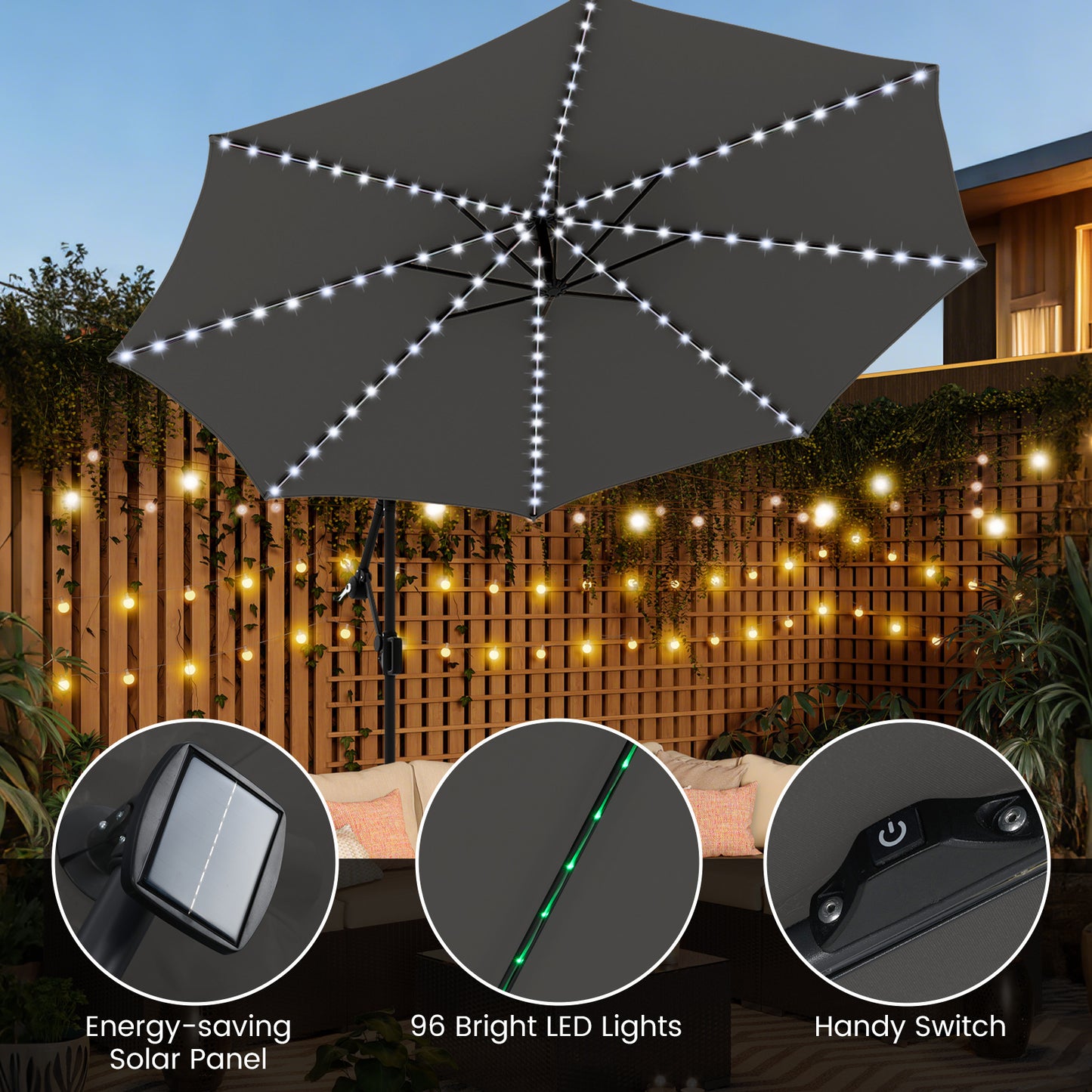 10 Feet Solar Offset Hanging Umbrella, With Base And LED Lights, Gray Outdoor Umbrellas at Gallery Canada
