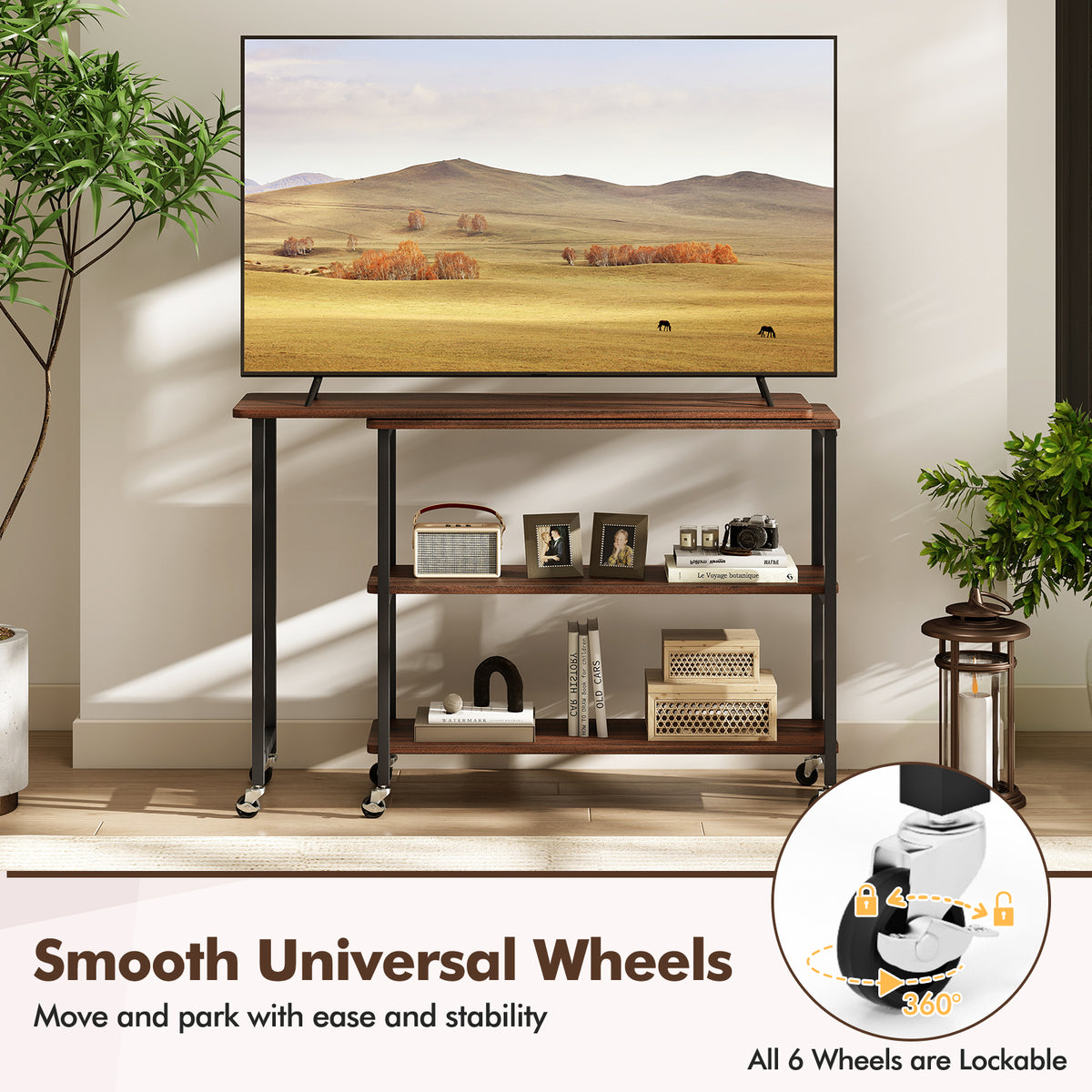 Large 360-Degree Rotating Sofa Side Table With Wheels, Storage Shelf, Walnut End & Side Tables at Gallery Canada