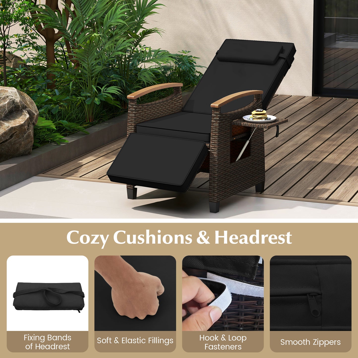 Patio Wicker Recliner Chair, Adjustable Backrest And Footrest, Black Outdoor Chaise Lounges at Gallery Canada