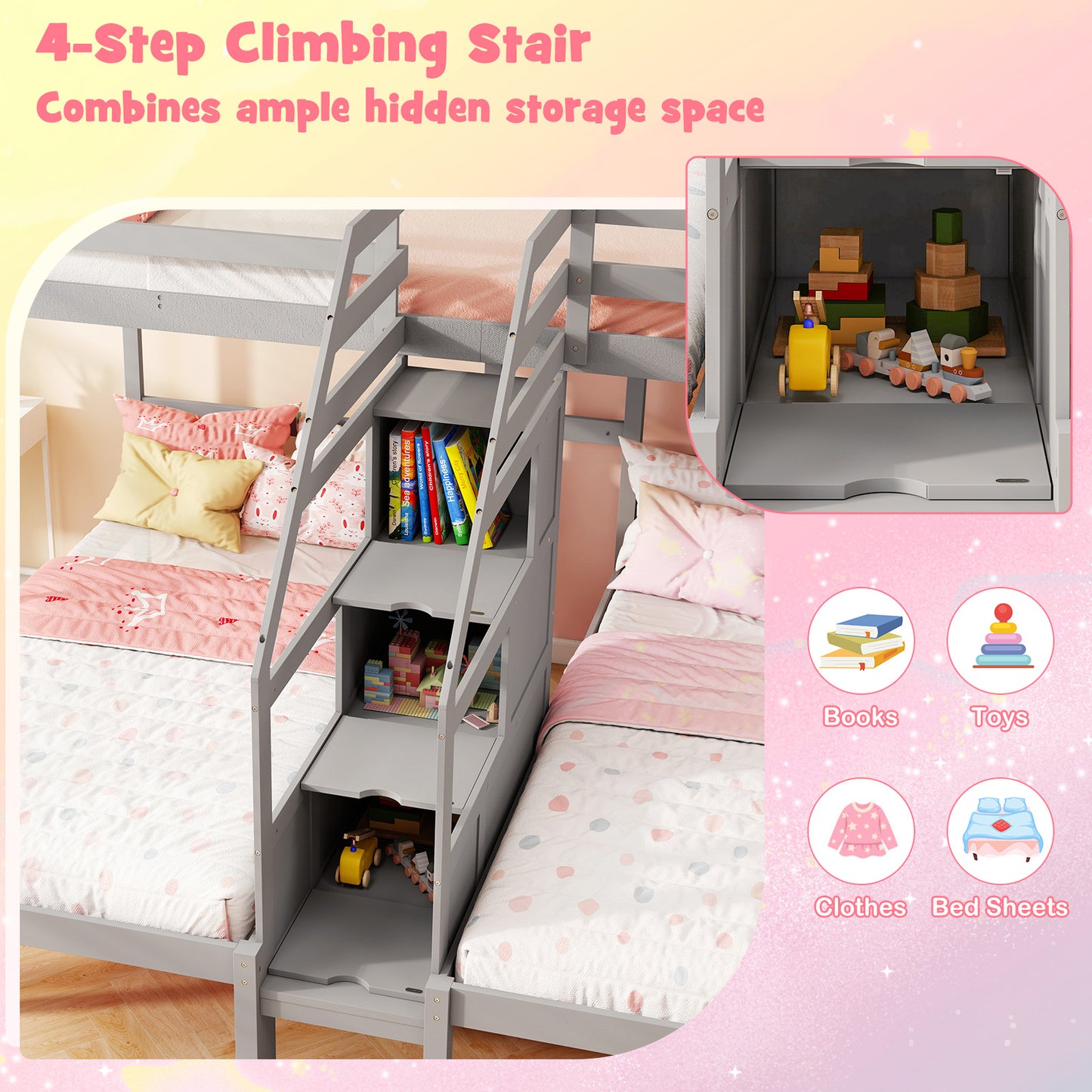 Twin Over Twin Bunk Bed With Storage Staircase, Guardrail, Gray Bunk Bed Frame at Gallery Canada