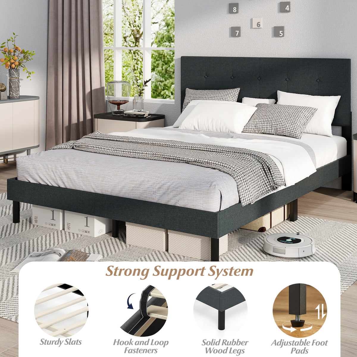 Queen Size Upholstered Bed Frame, Platform Bed, Dark Gray Simple Bed Frame at Gallery Canada
