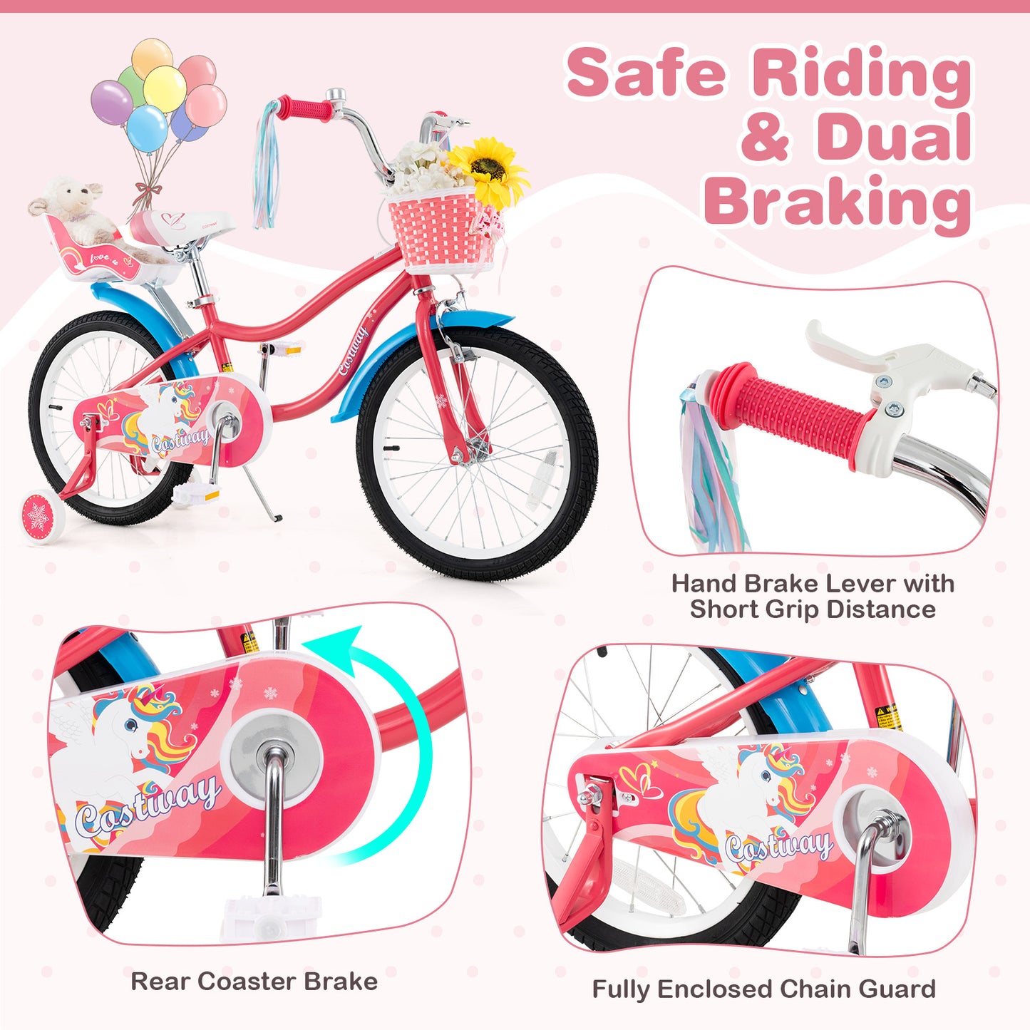 18 Inch Girls Bike, With Doll Seat And Training Wheels, Pink Kids Bike at Gallery Canada