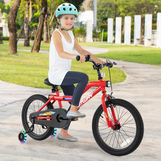 18 Inch Kids Bike, LED Lights, Adjustable Carbon Steel, 4-8 Years, Red Kids Bike Red at Gallery Canada