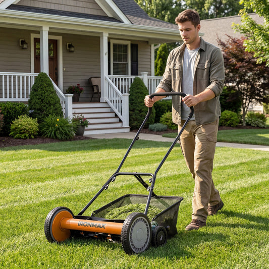 18 Inch Push Reel Mower, 4-Position Adjustable, Removable Grass Catcher, Orange Lawn Care Tools Orange at Gallery Canada