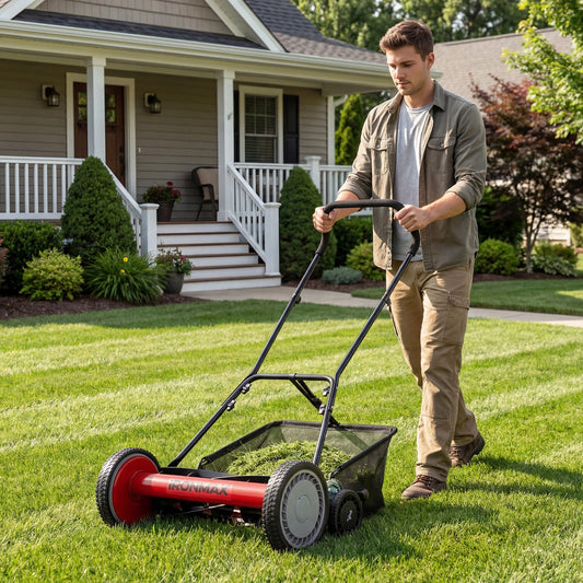 18 Inch Push Reel Mower, 4-Position Adjustable, Removable Grass Catcher, Red Lawn Care Tools Red at Gallery Canada