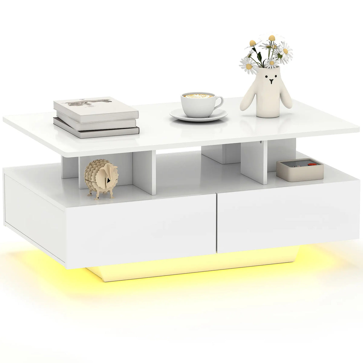 Modern Coffee Table with RGB LED Lights, 4 Drawers, Open Shelf, Remote, High Gloss White, White Coffee Tables at Gallery Canada