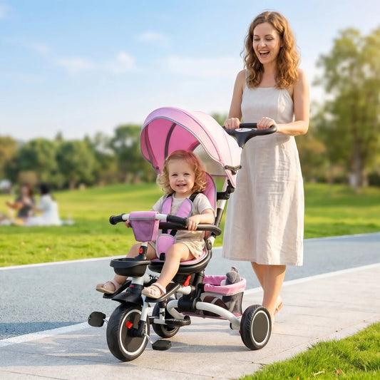 6-in-1 Toddler Tricycle, Foldable, Adjustable Seat, Push Handle, Pink Tricycles for Kids Pink, White at Gallery Canada