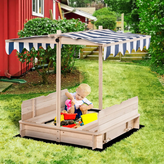 Kids Wooden Sandbox, Outdoor Playset, Adjustable Canopy, Convertible Bench, 3-7 Years Sandboxes & Accessories Natural, Blue and White at Gallery Canada