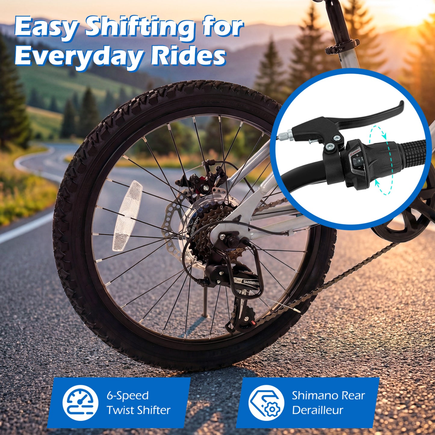20 Inch Mountain Bike, LED Lights, 6-Speed Shimano, Silver Kids Bike at Gallery Canada