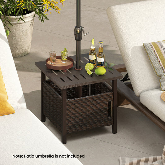 Outdoor Side Table, 1.93" Umbrella Hole, All-Weather PE Wicker, Brown Patio Coffee Tables Brown at Gallery Canada