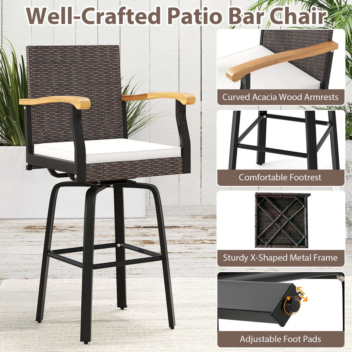 Outdoor 360° Swivel Bar Stool With Cushion, Acacia Wood Armrests, Brown Patio Bar Furniture at Gallery Canada