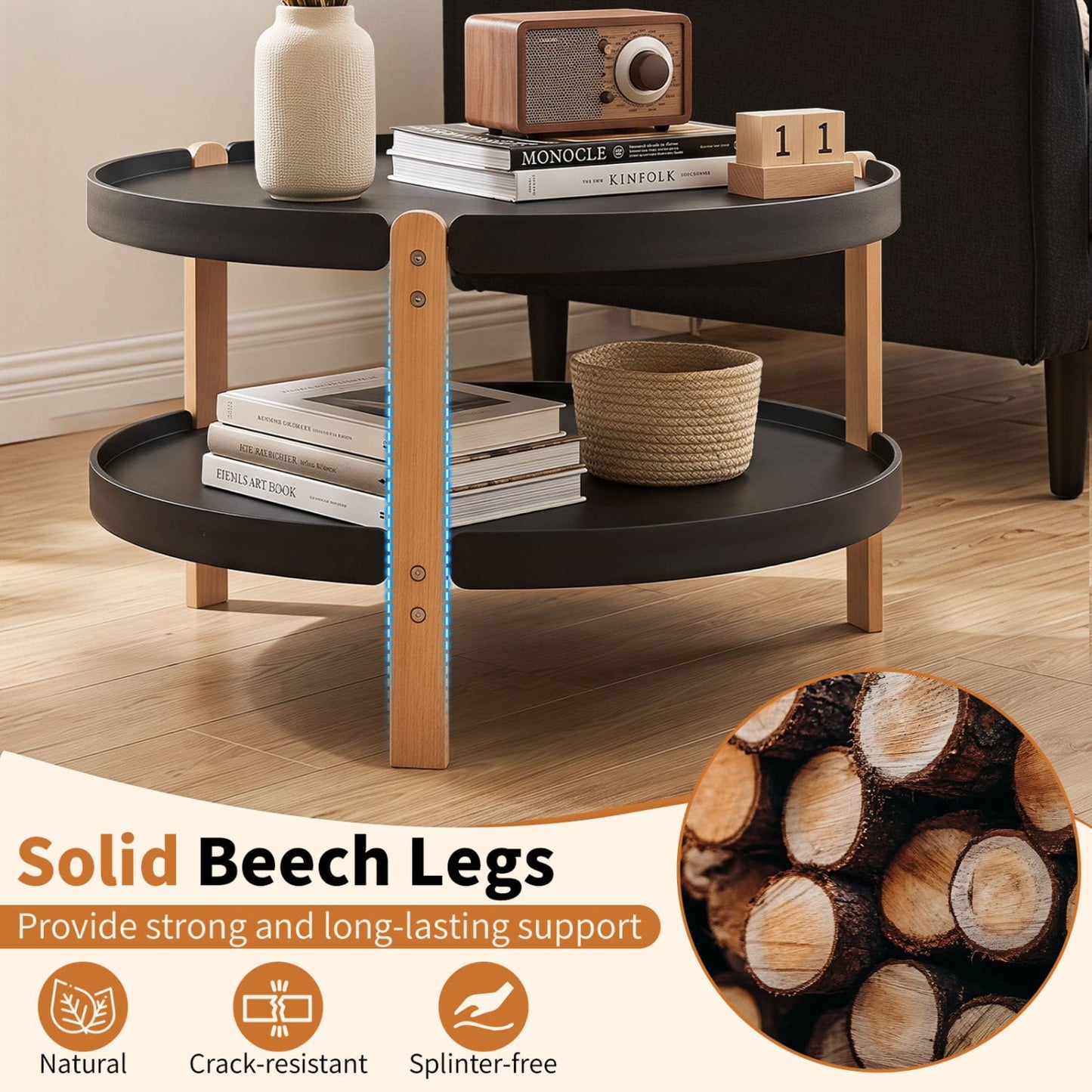 23.5" 2-Tier Round Coffee Table, Solid Wood Legs, Black Coffee Tables at Gallery Canada