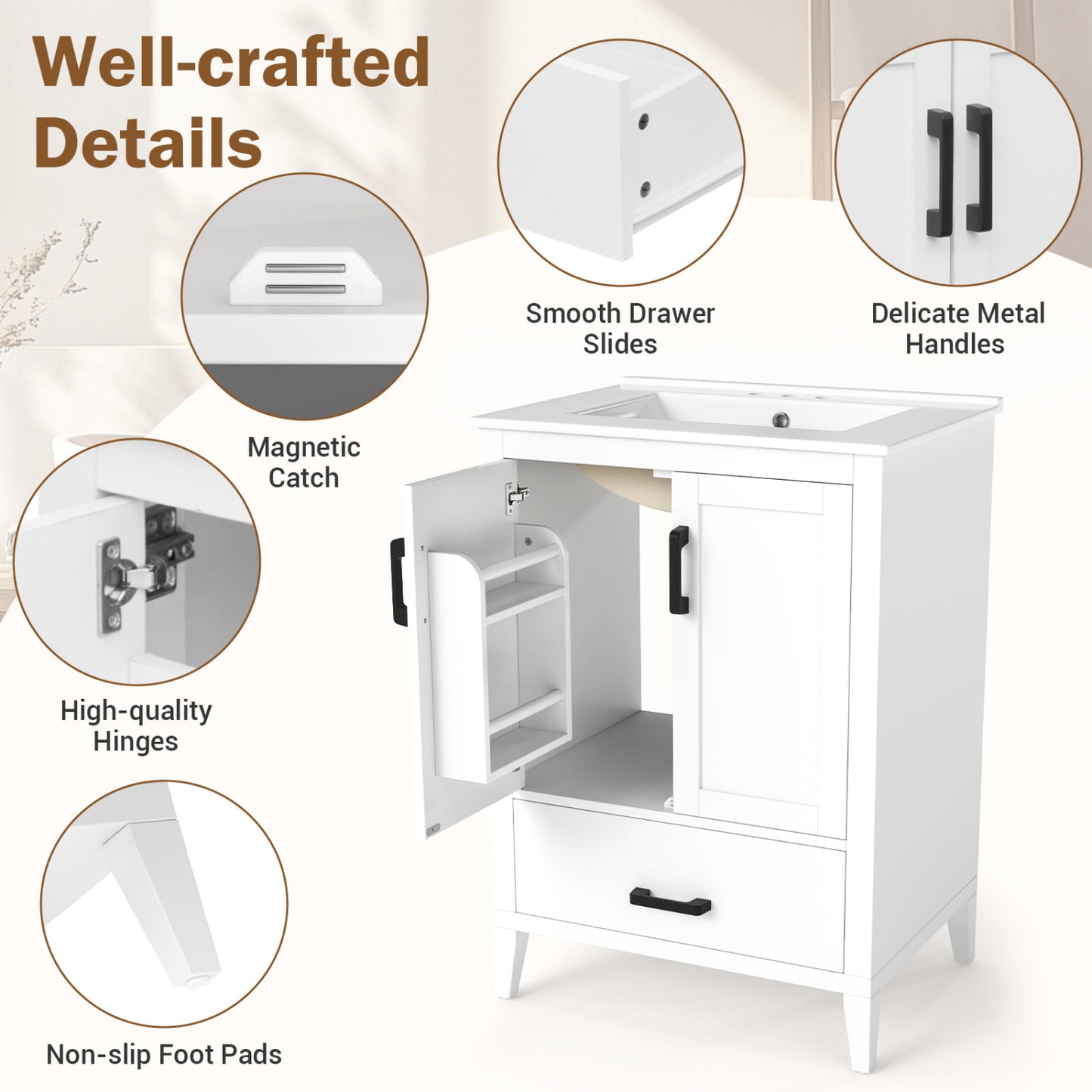 24.5" Modern Bathroom Vanity With Sink, 2 Doors And Drawer, White Floor Cabinets at Gallery Canada