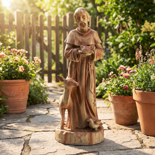 24.5 Inch Saint Francis Statue With Bird Feeder, Brown Outdoor Decor Rustic Brown at Gallery Canada