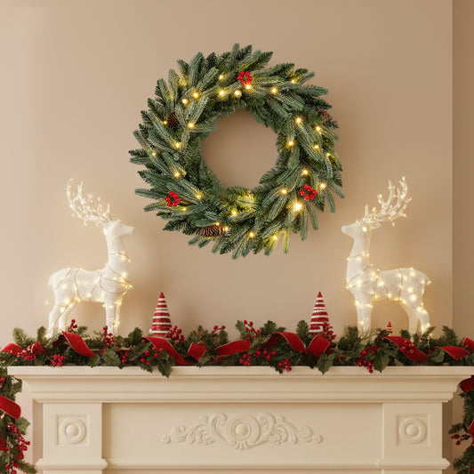 24” Pre-lit Christmas Wreath Front Door Artificial Xmas Wreath with 90 Frosted Branch Tips Christmas Decor & Accessories Options at Gallery Canada
