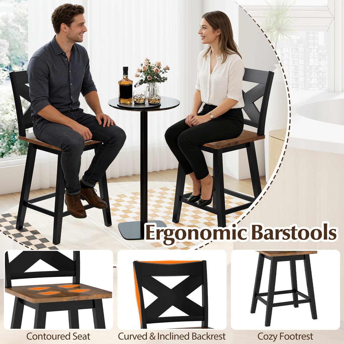 24" Rubberwood Swivel Barstools Set of 2 with Backrest and Large Seat, Black Bar Stools at Gallery Canada