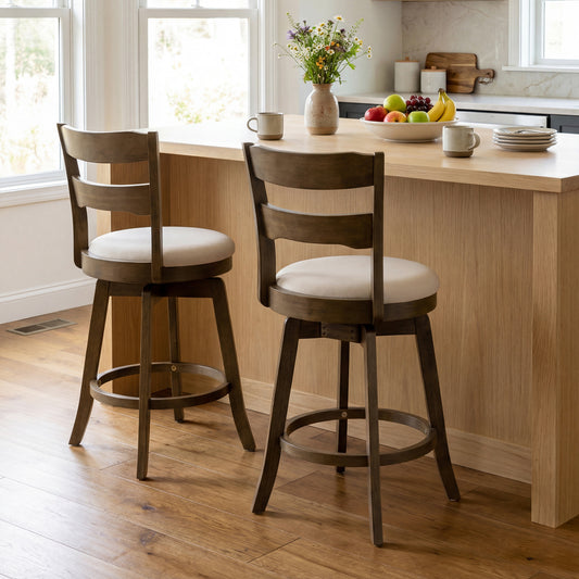 25 Inch Swivel Counter Barstools with Backrest & Upholstered Seat-Set of 2, Taupe Bar Stools Taupe at Gallery Canada